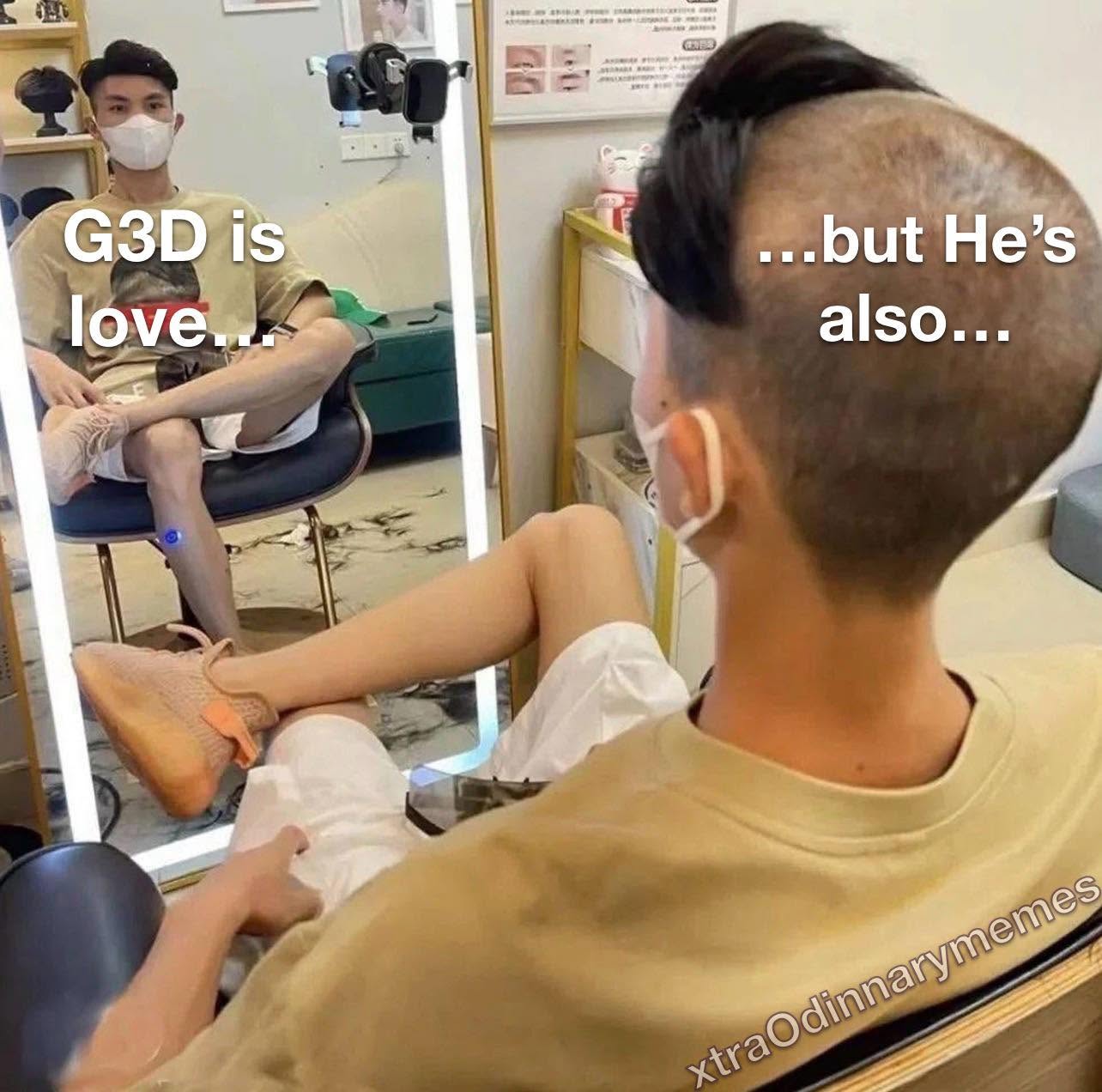 A man looks in the mirror after most of his hair has been shaved away, with the text “G3D is love… but He’s also…” illustrating how theological qualifications can undermine the claim that God is love.