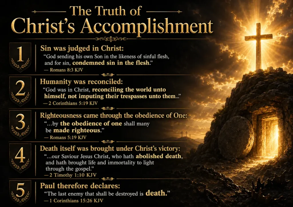 the Truth of Christ’s accomplishment. Sin was judged in Christ:

“God sending his own Son in the likeness of sinful flesh, and for sin, condemned sin in the flesh*.”* — Romans 8:3 KJV

Humanity was reconciled:

“God was in Christ, reconciling the world unto himself, not imputing their trespasses unto them*…”* — 2 Corinthians 5:19 KJV

Righteousness came through the obedience of One:

“…by the obedience of one shall many be made righteous.”
— Romans 5:19 KJV

And death itself was brought under Christ’s victory:

“…our Saviour Jesus Christ, who hath abolished death, and hath brought life and immortality to light through the gospel.”
— 2 Timothy 1:10 KJV

Paul can therefore look toward the completion of Christ’s reign and declare:

“The last enemy that shall be destroyed is death.”
— 1 Corinthians 15:26 KJV