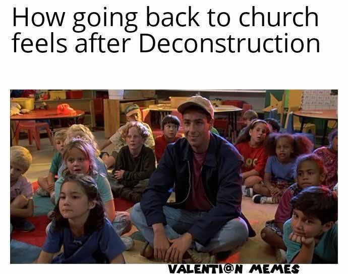 Two-panel meme showing a Nativity painting with a crucifix visible in the background, labeled “The mother of all spoilers,” joking that the artwork reveals Jesus’ crucifixion at the moment of His birth.