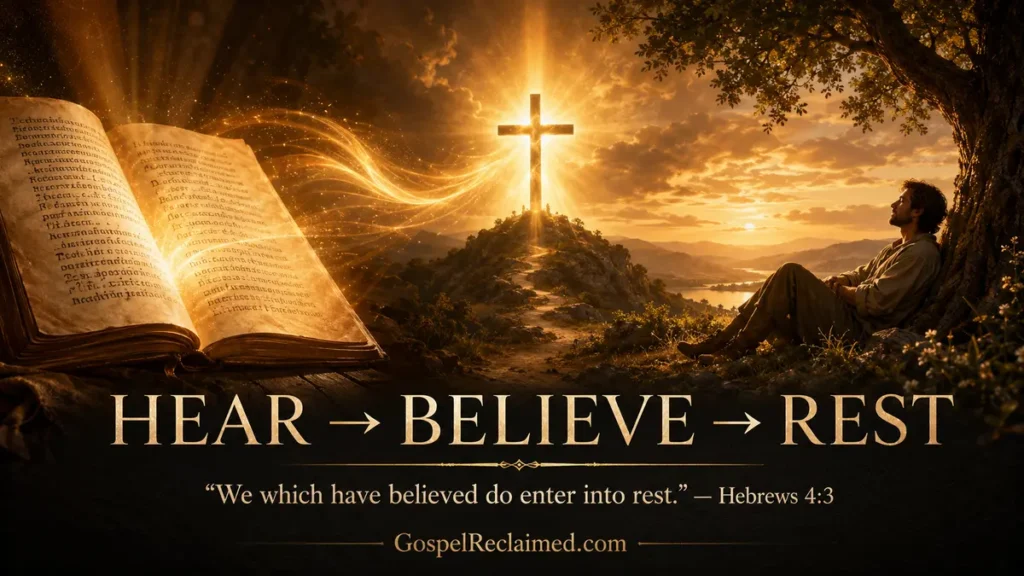 “Hear. Believe. Rest.” 
A horizontal image divided subtly into three movements:

left: an open Scripture / Gospel being proclaimed, suggesting hearing
center: light from the words leading toward a radiant cross, suggesting faith
right: a person peacefully resting beneath the light of the cross, suggesting rest

Small central text could read:
HEAR → BELIEVE → REST

And beneath:
“We which have believed do enter into rest.” — Hebrews 4:3