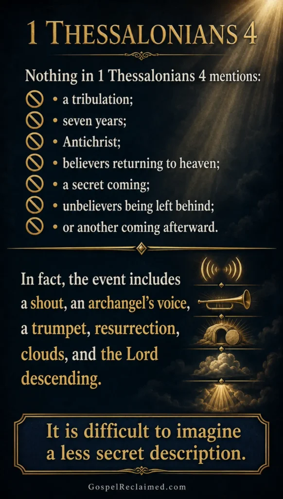 Infographic explaining why 1 Thessalonians 4 describes resurrection and meeting the Lord, not a secret rapture into heaven.