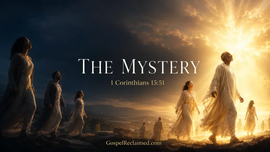 People emerging from darkness into radiant light, symbolizing resurrection and bodily transformation in 1 Corinthians 15:51.