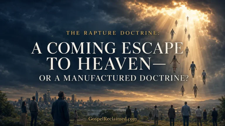 People rising toward a brilliant opening in the clouds above a city, illustrating the popular rapture doctrine.