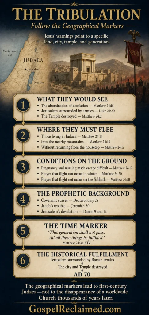 Infographic connecting Jesus’ prophecy of tribulation to His own generation, first-century persecution, and Jerusalem’s destruction in AD 70.